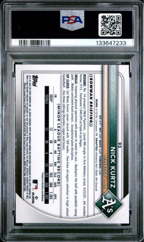 Graded 2025 Topps Bowman Chrome Nick Kurtz #93 Rookie RC Baseball Card PSA 10 Gem Mint