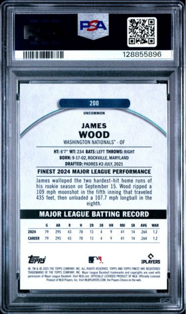 Graded 2025 Topps Finest James Wood #200 Magenta Refractor /300 Rookie RC Baseball Card PSA 10 Gem Mint