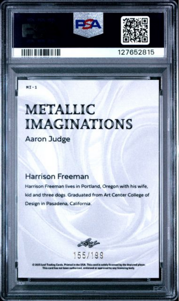 Graded 2025 Leaf Aaron Judge #MI1 Metallic Imaginations Series 2 Red /199 Baseball Card PSA 9 Mint (ONLINE ORDER ONLY)