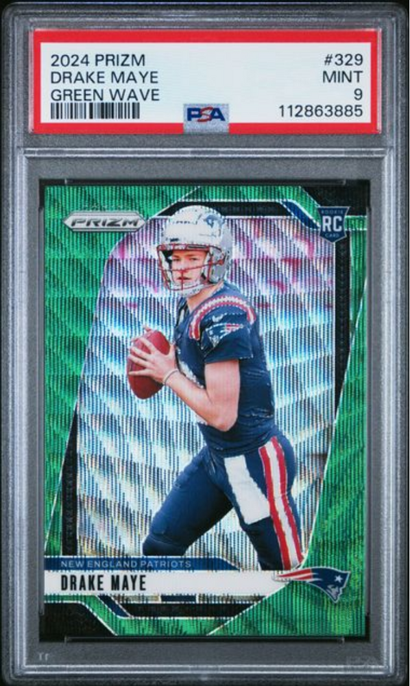 Graded 2024 Panini Prizm Drake Maye #329 Green Wave Rookie RC Football Card PSA 9 Mint (ONLINE ORDER ONLY)