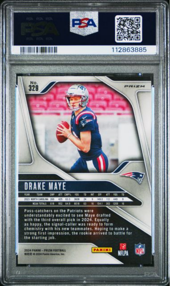 Graded 2024 Panini Prizm Drake Maye #329 Green Wave Rookie RC Football Card PSA 9 Mint (ONLINE ORDER ONLY)