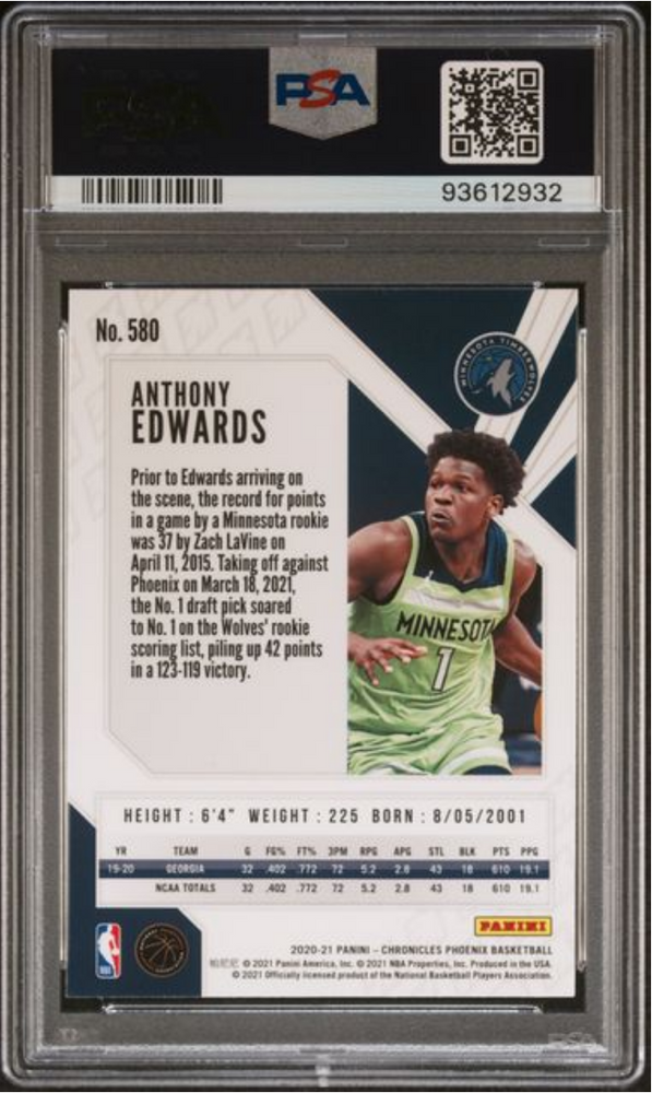 Graded 2020 Panini Chronicles Anthony Edwards #580 Rookie RC Basketball Card PSA 10 Gem Mint