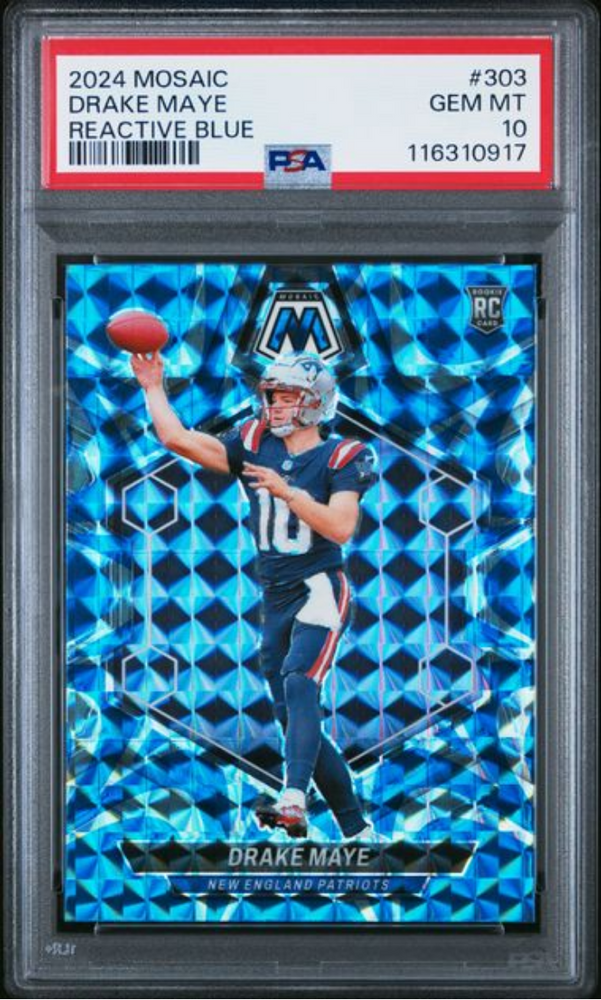 Graded 2024 Panini Mosaic Drake Maye #303 Reactive Blue Rookie RC Football Card PSA 10 Gem Mint
