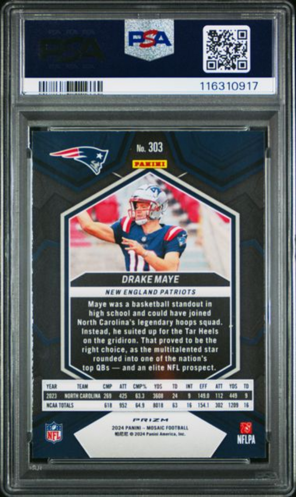 Graded 2024 Panini Mosaic Drake Maye #303 Reactive Blue Rookie RC Football Card PSA 10 Gem Mint