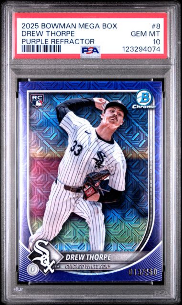 Graded 2025 Topps Bowman Mega Box Drew Thorpe #8 Purple Refractor /250 Rookie RC Baseball Card PSA 10 Gem Mint (ONLINE ORDER ONLY)
