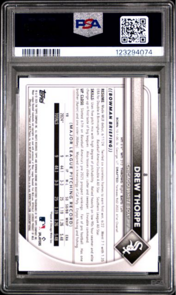 Graded 2025 Topps Bowman Mega Box Drew Thorpe #8 Purple Refractor /250 Rookie RC Baseball Card PSA 10 Gem Mint (ONLINE ORDER ONLY)
