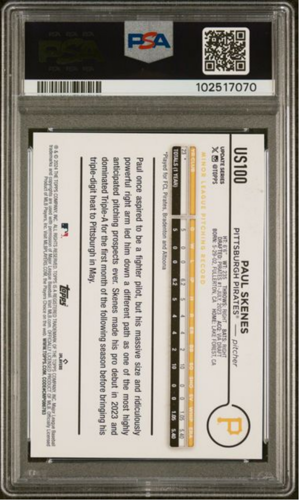 Graded 2024 Topps Update Paul Skenes #US100 Holiday Rookie RC Baseball Card PSA 10 Gem Mint (ONLINE ORDER ONLY)