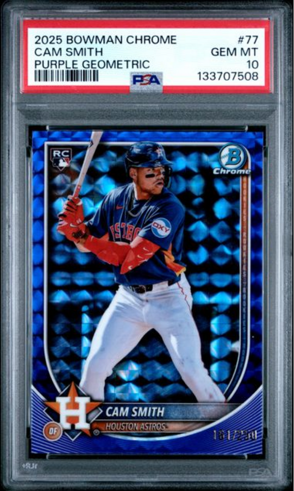 Graded 2025 Topps Bowman Chrome Cam Smith #77 Purple Geometric /250 Rookie RC Baseball Card PSA 10 Gem Mint