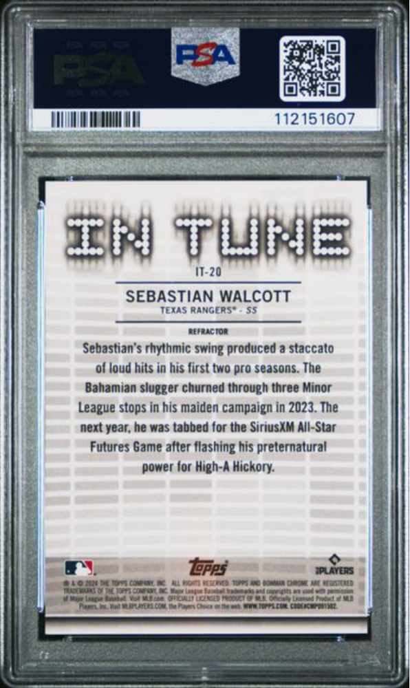 Graded 2024 Topps Bowman Draft Sebastian Walcott #IT20 In Tune Refractor /250 Rookie RC Baseball Card PSA 10 Gem Mint