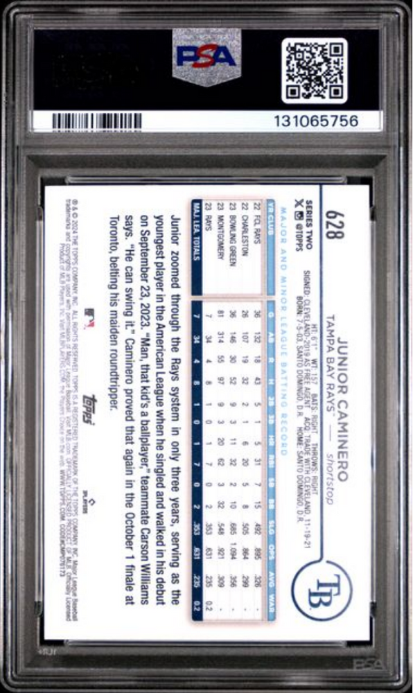 Graded 2024 Topps Junior Caminero #628 Rainbow Foil Rookie RC Baseball Card PSA 10 Gem Mint