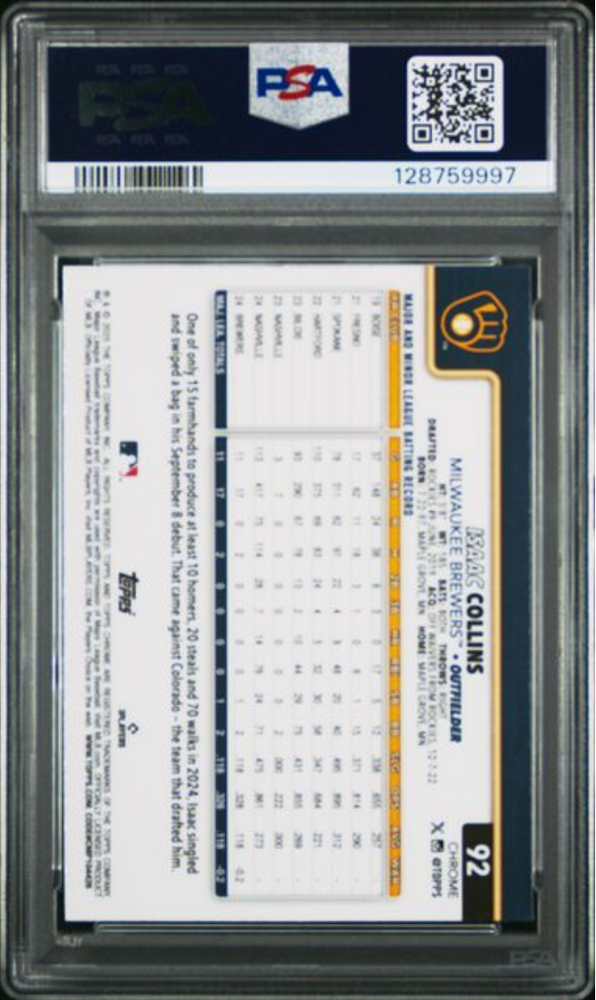 Graded 2025 Topps Chrome Isaac Collins #92 Rookie RC Baseball Card PSA 10 Gem Mint