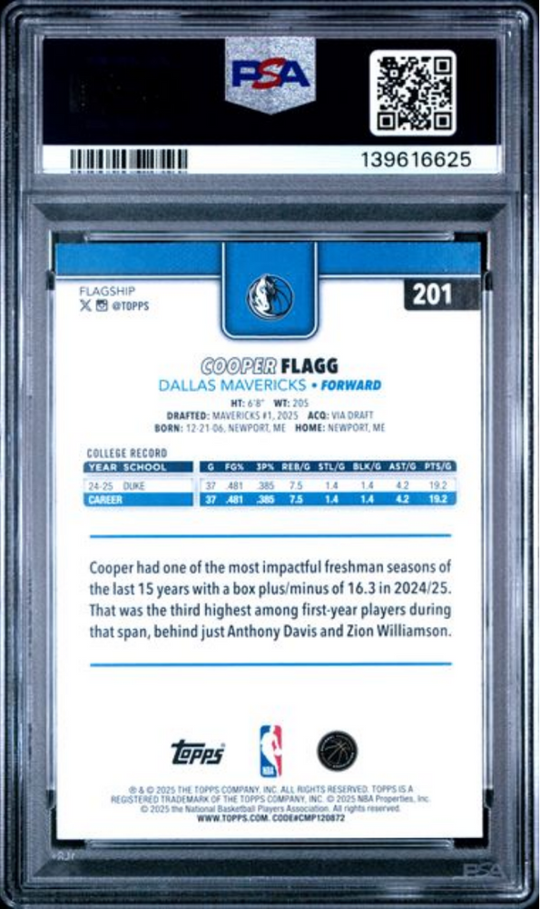 Graded 2025 Topps Cooper Flagg #201 Rookie RC Basketball Card PSA 9 Mint