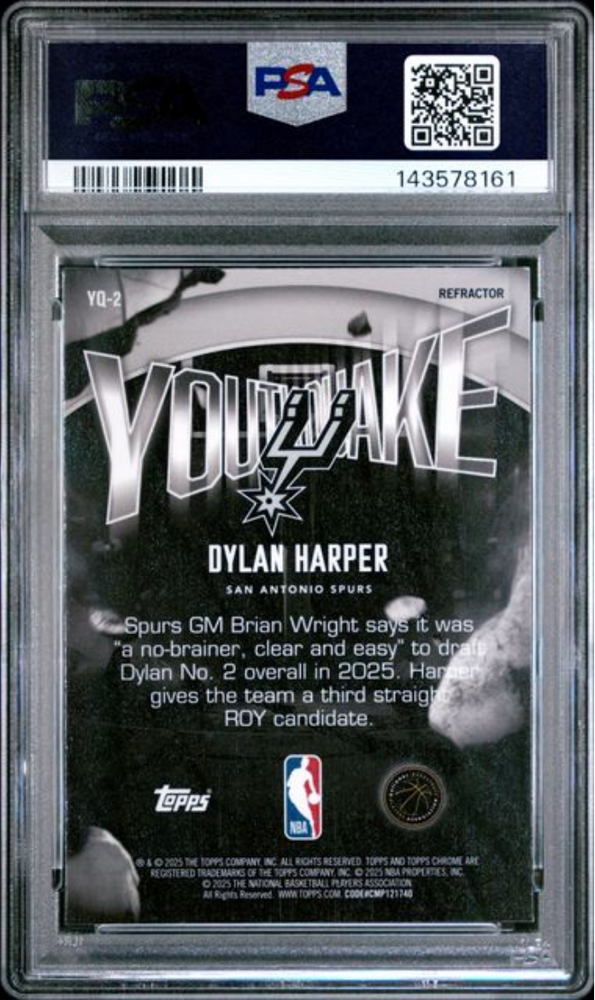 Graded 2025 Topps Chrome Dylan Harper #YQ2 Youthquake Refractor Rookie RC Basketball Card PSA 10 Gem Mint