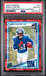 Graded 2025 Panini Donruss Abdul Carter #315 Optic Preview Red Pandora Rookie RC Football Card PSA 10 Gem Mint