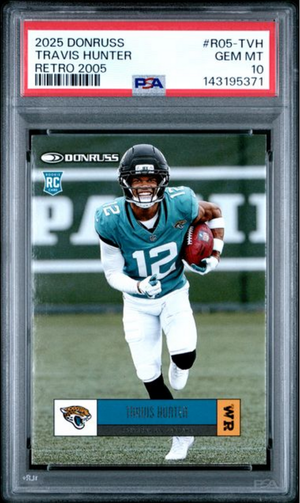 Graded 2025 Panini Donruss Travis Hunter #R05-TVH Retro 2005 Rookie RC Football Card PSA 10 Gem Mint
