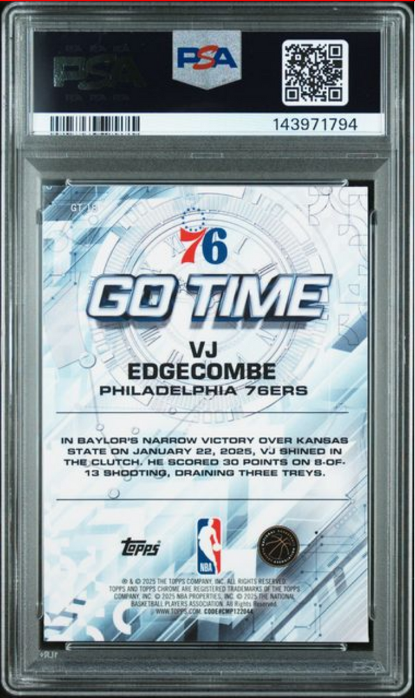 Graded 2025 Topps Chrome VJ Edgecombe #GT18 Go Time Rookie RC Basketball Card PSA 10 Gem Mint