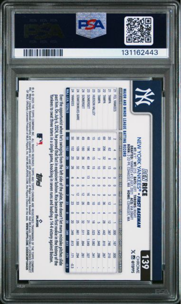 Graded 2025 Topps Chrome Logofractor Edition Ben Rice #139 Rookie RC Baseball Card PSA 10 Gem Mint