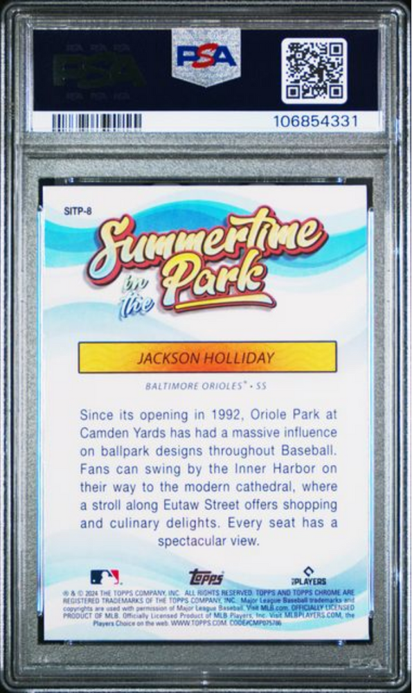 Graded 2024 Topps Chrome Jackson Holliday #8 Summertime in the Park Rookie RC Baseball Card PSA 10 Gem Mint