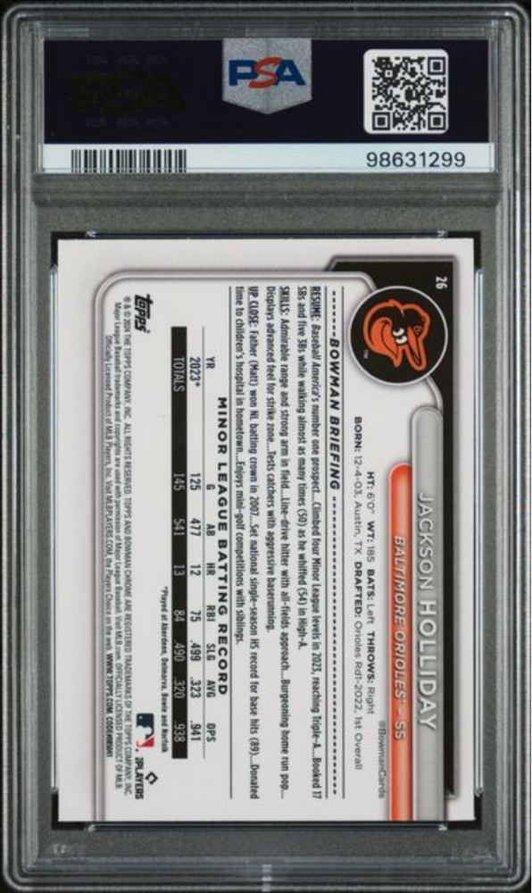 Graded 2024 Topps Bowman Chrome Jackson Holliday #26 Rookie RC Baseball Card PSA 10 Gem Mint