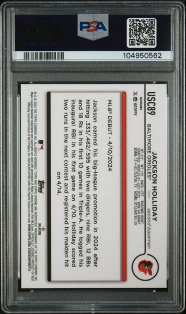 Graded 2024 Topps Chrome Update Jackson Holliday #USC89 Rookie RC Baseball Card PSA 10 Gem Mint