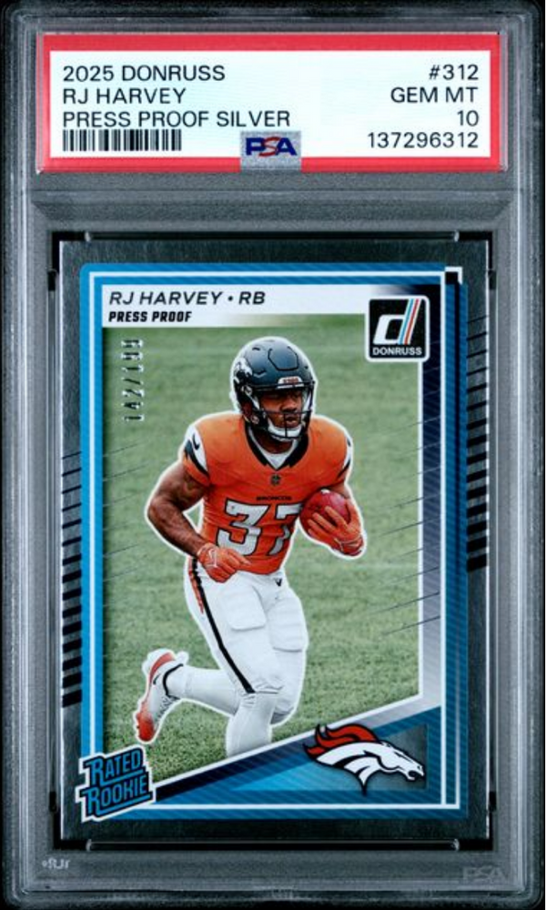 Graded 2025 Panini Donruss RJ Harvey #312 Press Proof Silver /199 Rookie RC Football Card PSA 10 Gem Mint