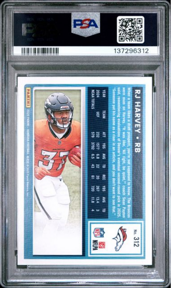 Graded 2025 Panini Donruss RJ Harvey #312 Press Proof Silver /199 Rookie RC Football Card PSA 10 Gem Mint