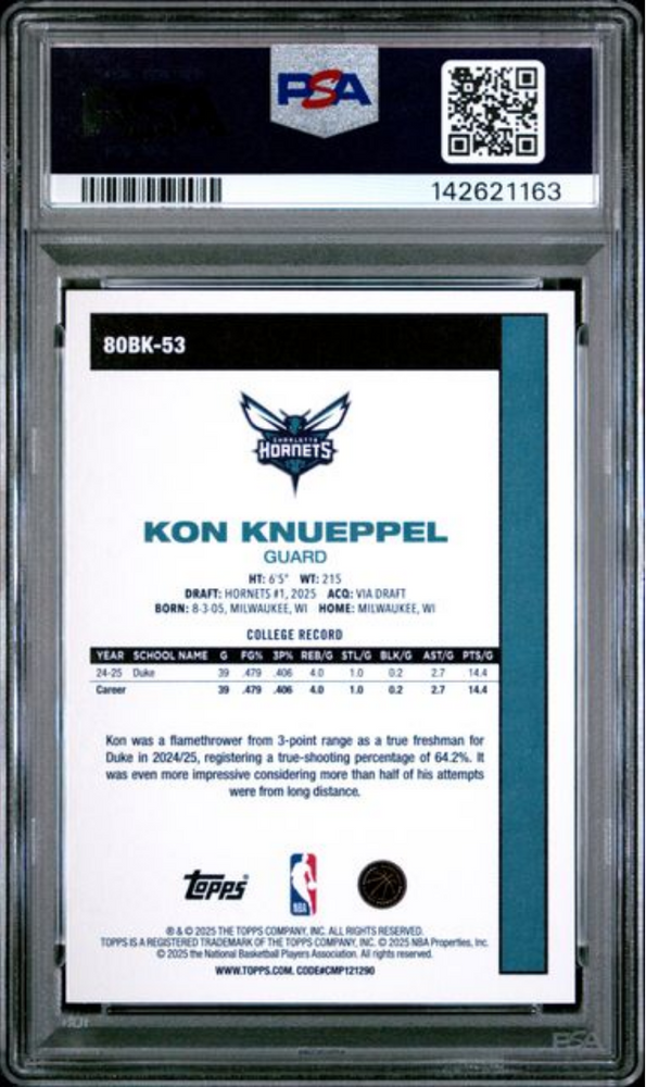 Graded 2025 Topps Kon Knueppel #80BK-53 1980 Topps Rookie RC Basketball Card PSA 10 Gem Mint