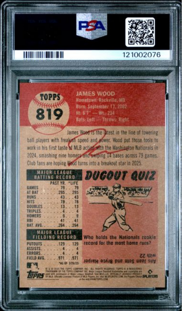 Graded 2025 Topps Living James Wood #819 Rookie RC Baseball Card PSA 10 Gem Mint