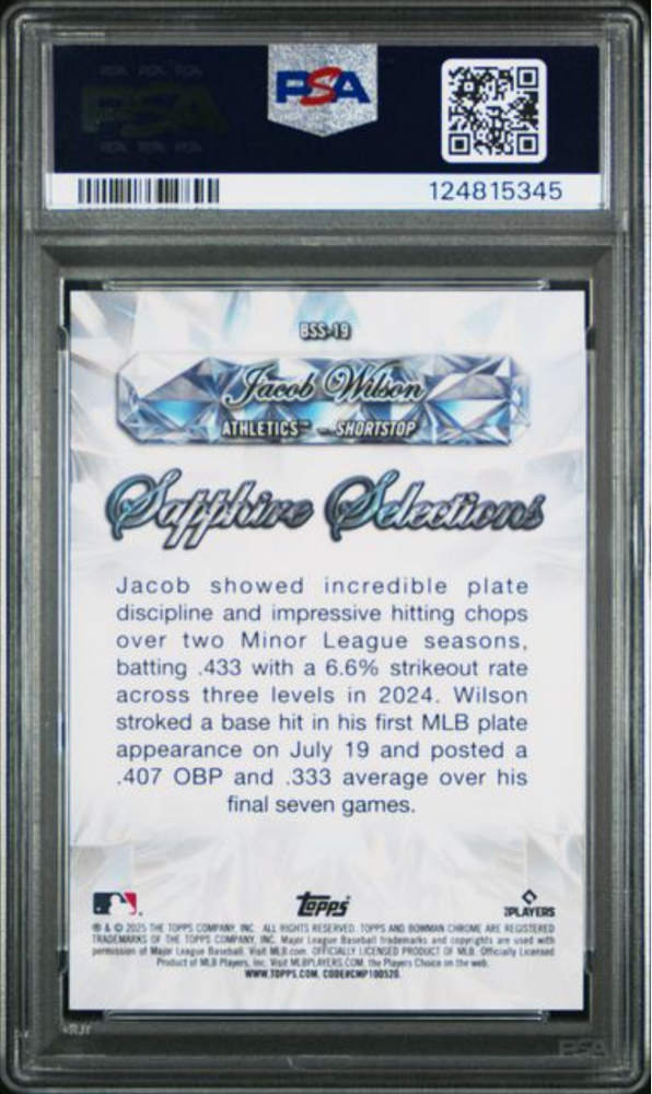 Graded 2025 Topps Bowman Sapphire Jacob Wilson #BSS19 Sapphire Selections Rookie RC Baseball Card PSA 10 Gem Mint