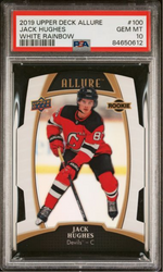Graded 2019 Upper Deck Allure Jack Hughes #100 White Rainbow Rookie RC Hockey Card PSA 10 Gem Mint