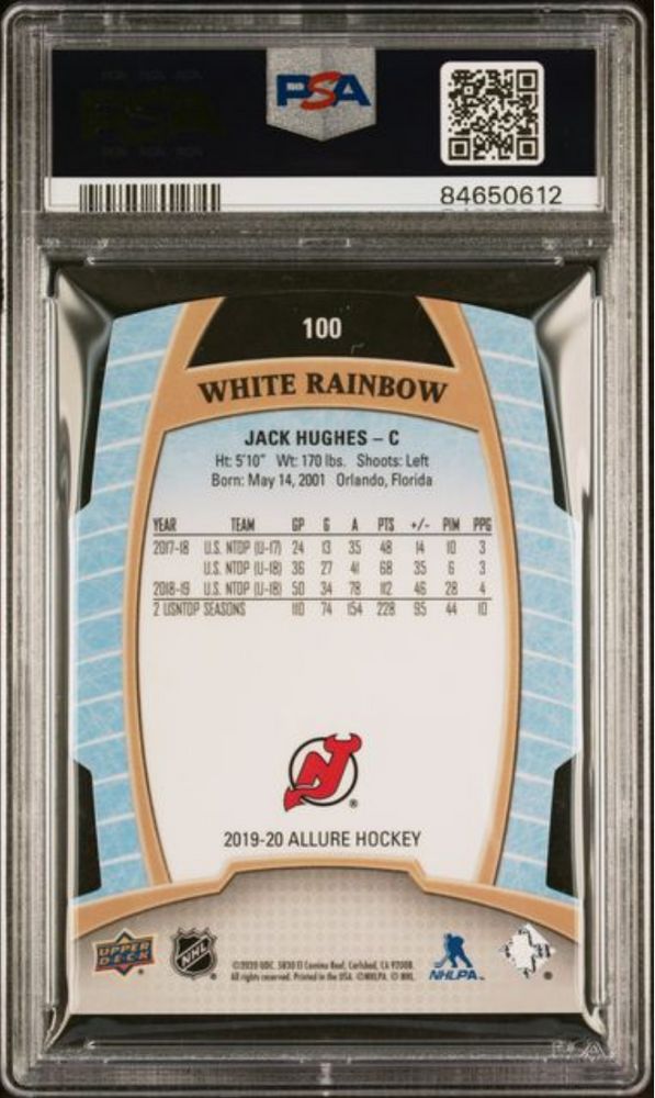 Graded 2019 Upper Deck Allure Jack Hughes #100 White Rainbow Rookie RC Hockey Card PSA 10 Gem Mint