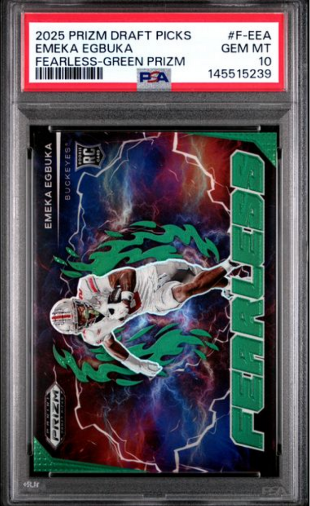 Graded 2025 Panini Prizm Draft Picks Emeka Egbuka #FEEA Fearless Green Prizm Rookie RC Football Card PSA 10 Gem Mint