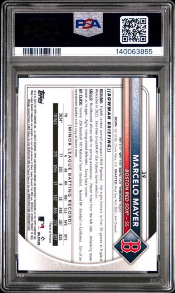Graded 2025 Topps Bowman Chrome Mega Box Marcelo Mayer #39 Geometric Refractor /499 Rookie RC Baseball Card PSA 10 Gem Mint