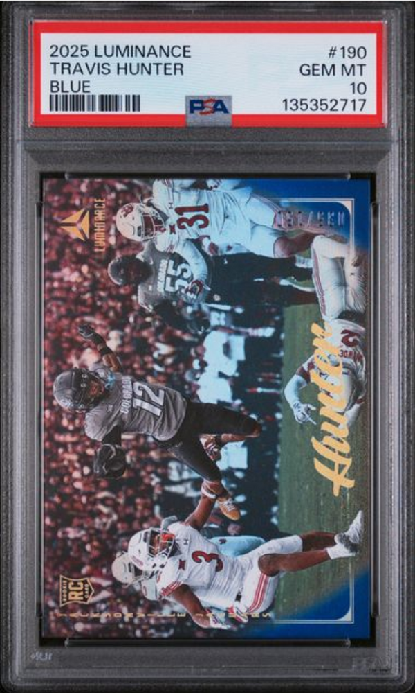 Graded 2025 Panini Luminance Travis Hunter #190 Blue /150 Rookie RC Football Card PSA 10 Gem Mint
