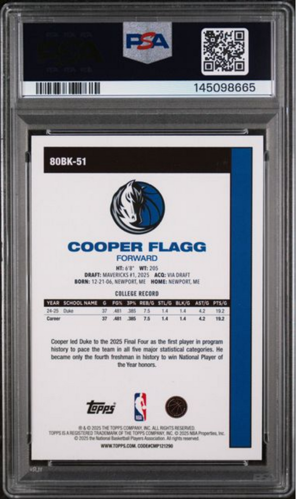 Graded 2025 Topps Cooper Flagg #80BK-51 1980 Topps Basketball Rookie RC Basketball Card PSA 9 Mint