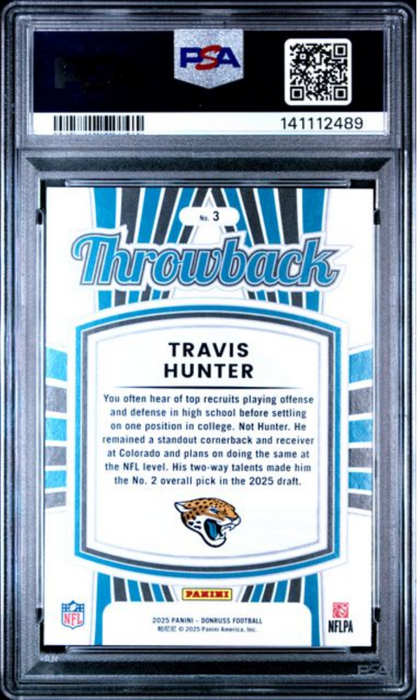 Graded 2025 Panini Donruss Travis Hunter #3 Rated Rookies Throwback Rookie RC Football Card PSA 10 Gem Mint