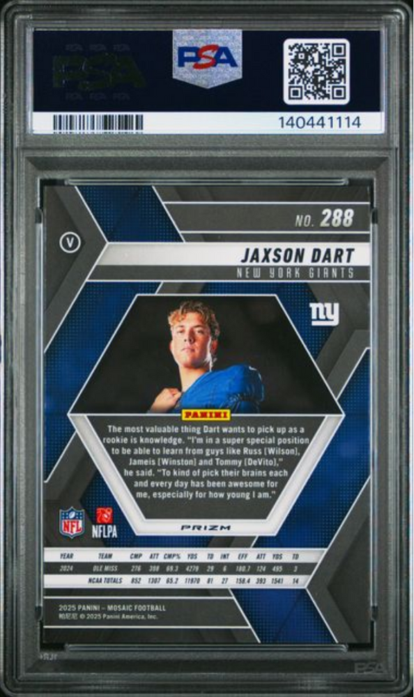 Graded 2025 Panini Mosaic Jaxson Dart #288 Silver Rookie RC Football Card PSA 10 Gem Mint