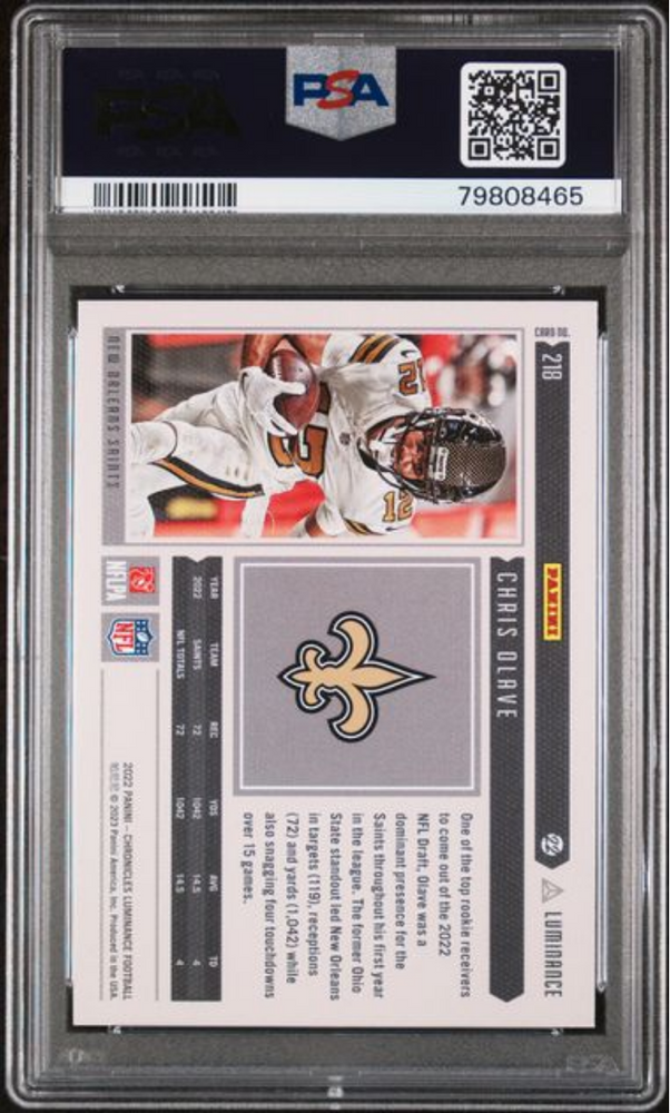 Graded 2022 Panini Chronicles Chris Olave #218 Luminance Update Rookies Rookie RC Football Card PSA 10 Gem Mint