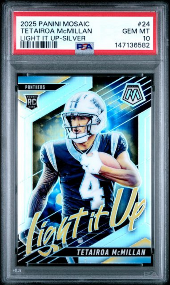 Graded 2025 Panini Mosaic Tetairoa McMillan #24 Light It Up Silver Rookie RC Football Card PSA 10 Gem Mint