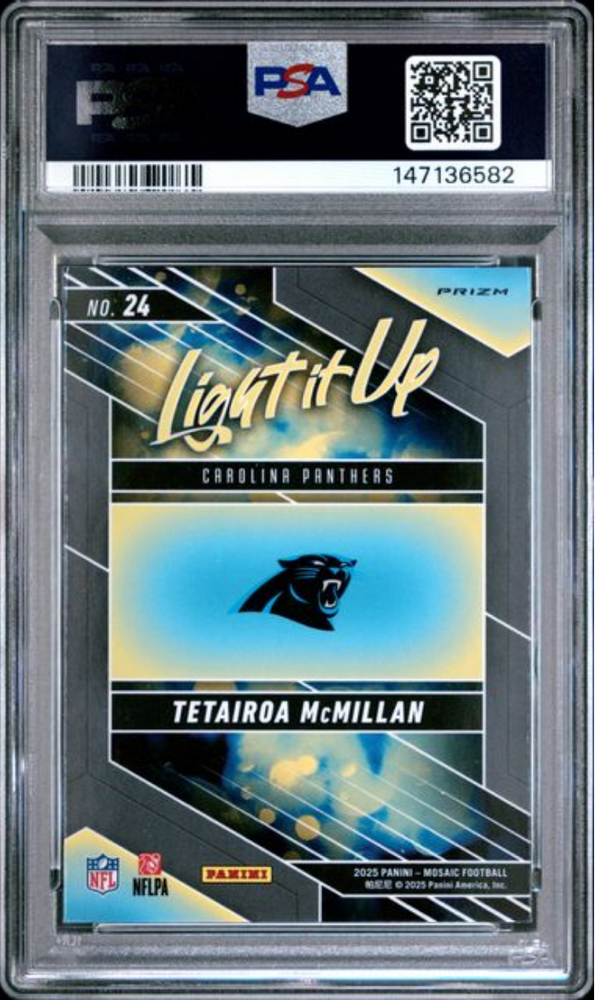 Graded 2025 Panini Mosaic Tetairoa McMillan #24 Light It Up Silver Rookie RC Football Card PSA 10 Gem Mint