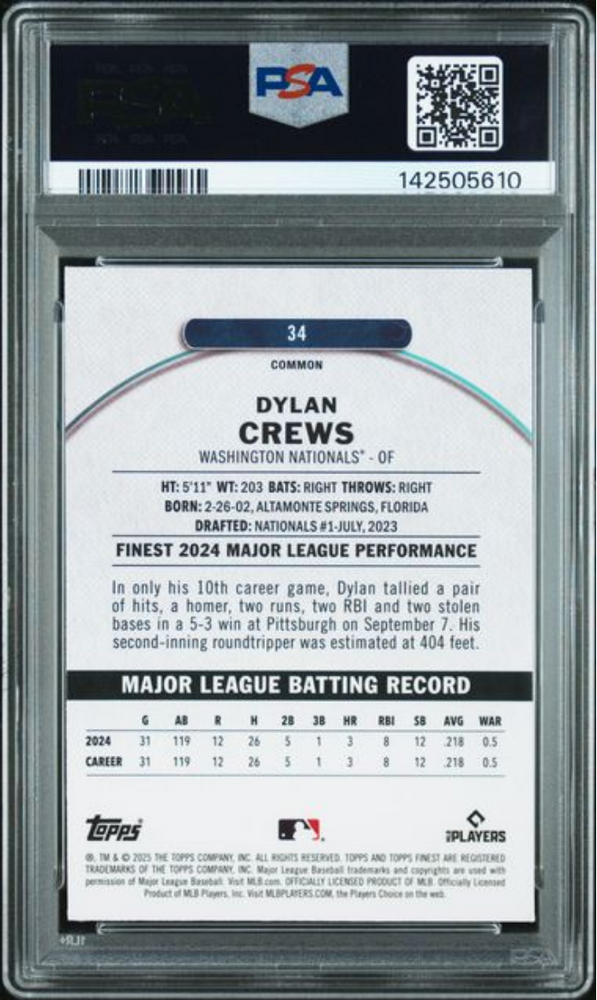 Graded 2025 Topps Finest Dylan Crews #34 Purple Checkerboard /150 Rookie RC Baseball Card PSA 10 Gem Mint