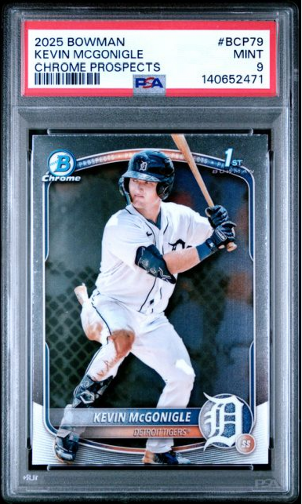 Graded 2025 Topps Bowman Kevin McGonigle #BCP79 Chrome Prospects Rookie RC Baseball Card PSA 9 Mint