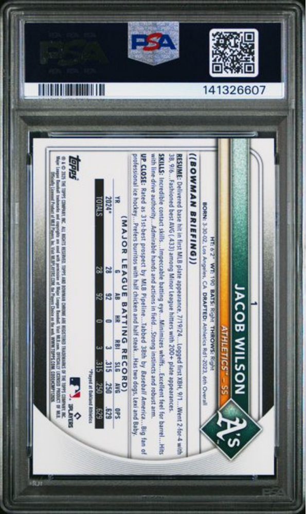 Graded 2025 Topps Bowman Chrome S/E Jacob Wilson #1 Rookie RC Baseball Card PSA 10 Gem Mint