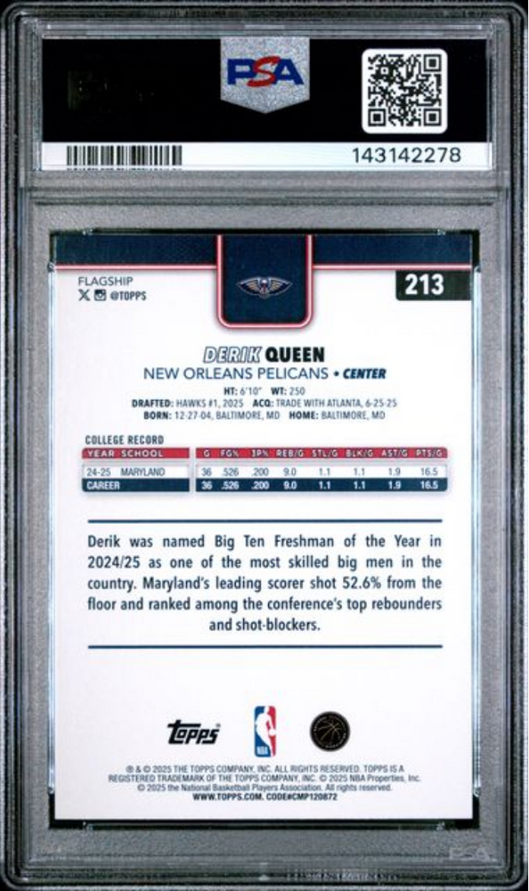 Graded 2025 Topps Derik Queen #213 Rookie RC Basketball Card PSA 10 Gem Mint