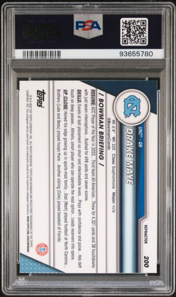 Graded 2023 Topps Bowman U Chrome Drake Maye #200 Refractor Rookie RC Football Card PSA 10 Gem Mint