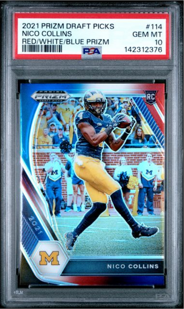Graded 2021 Panini Prizm Draft Picks Nico Collins #114 Red/White/Blue Prizm Rookie RC Football Card PSA 10 Gem Mint