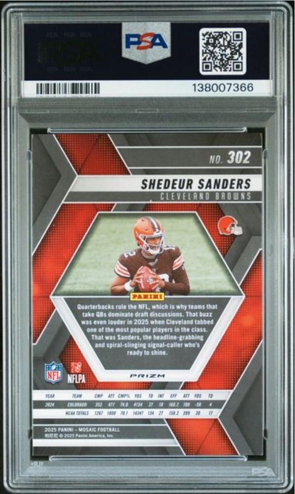 Graded 2025 Panini Mosaic Shedeur Sanders #302 Green Rookie RC Football Card PSA 9 Mint