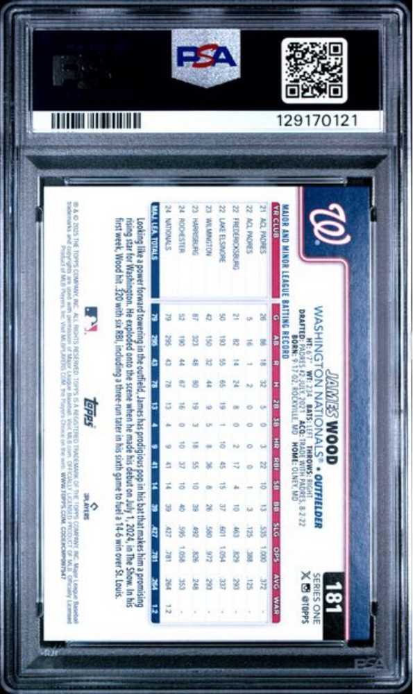Graded 2025 Topps James Wood #181 Rookie RC Baseball Card PSA 10 Gem Mint