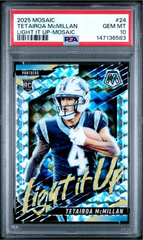 Graded 2025 Panini Mosaic Tetairoa McMillan #24 Light It Up Mosaic Rookie RC Football Card PSA 10 Gem Mint