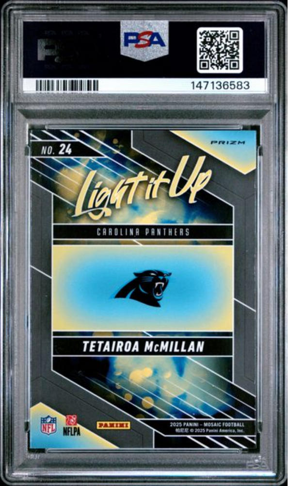 Graded 2025 Panini Mosaic Tetairoa McMillan #24 Light It Up Mosaic Rookie RC Football Card PSA 10 Gem Mint